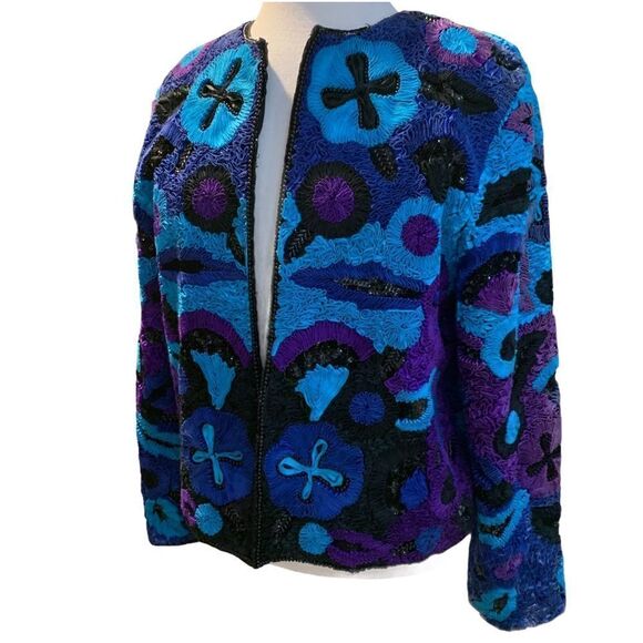 Vtg Rear Life & Style fashions Inc. 100% Pure Silk Ribbon Beaded Sequin Jacket M - Picture 4 of 13